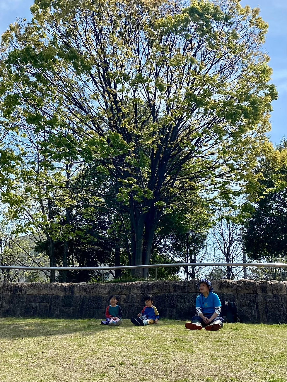 山田富士公園で、子どもたちと保育者が一緒に遠くを見ながら会話している写真