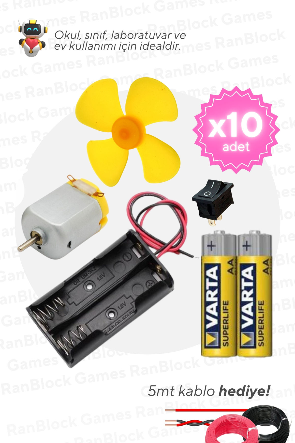 10 lu Paket Deney Seti (Motor, Pervane, Anahtar, Pil Yuvasi)