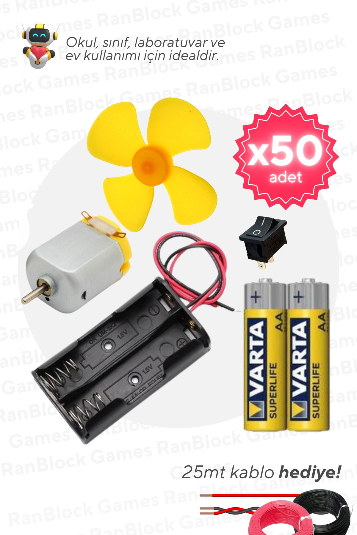 50 li Paket Deney Seti Motor Pervane Anahtar Pil MEB