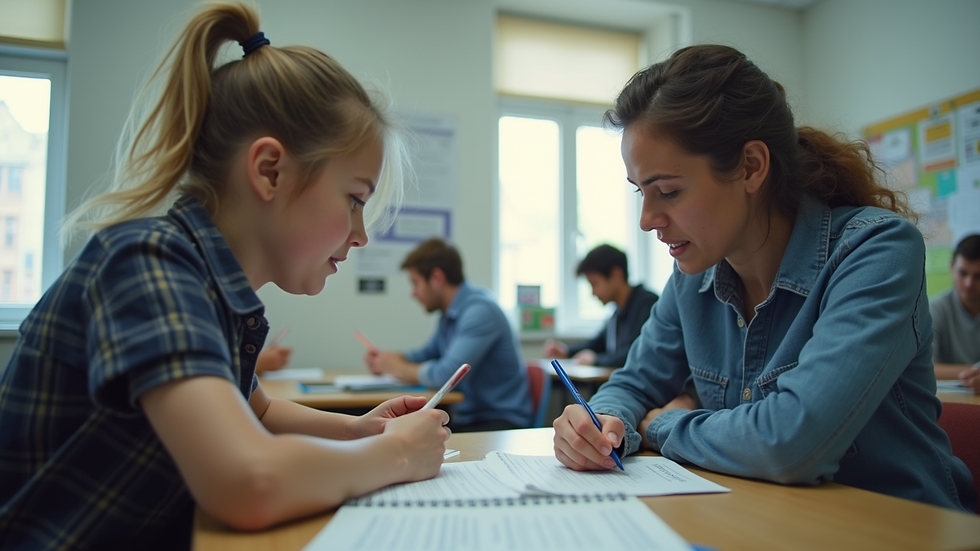 Eye-level view of a student studying with a tutor in a classroom