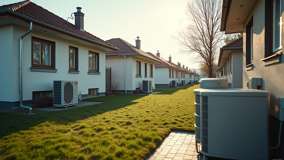 Wide angle view of a residential area with several houses equipped with heat pumps