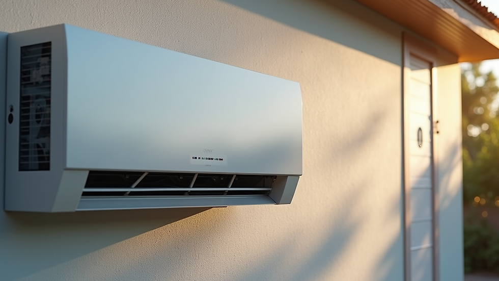 Eye-level view of a modern heat pump installed on a house wall