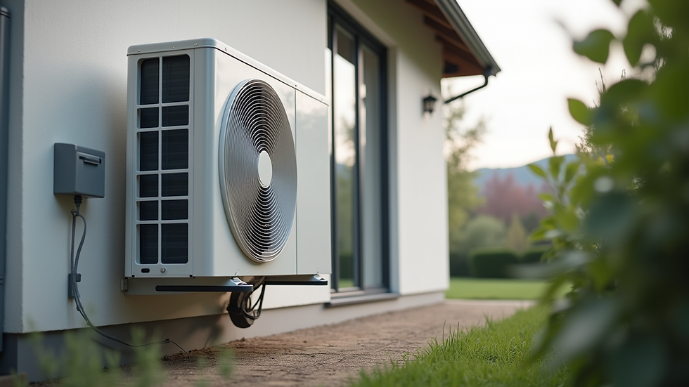 Eye-level view of a modern heat pump installed on a house exterior