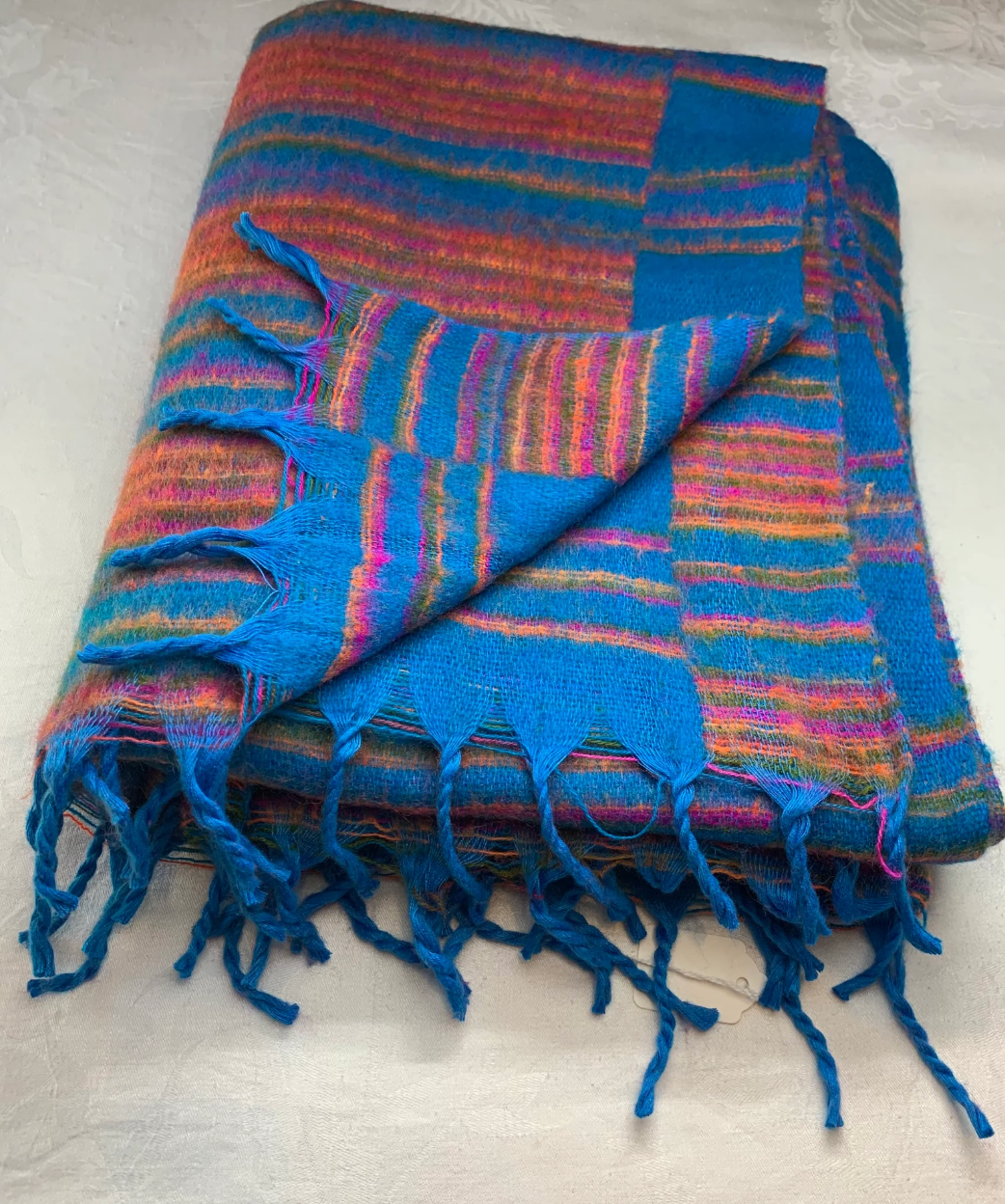 Blue and Orange Stripes Yak Wool Shawl