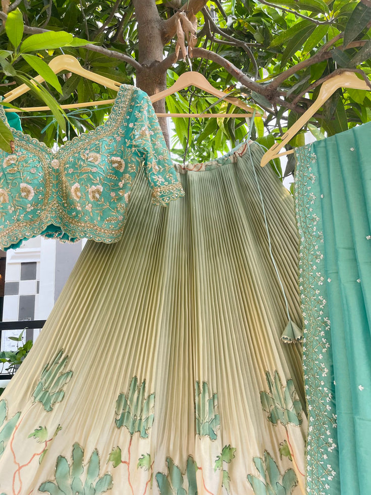 Sea blue with floral tissue cocktail lehenga - detail view