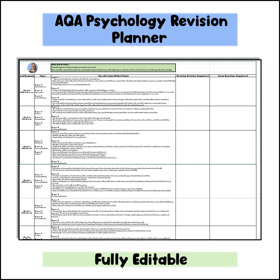 AQA Psychology Exam Revision Planner