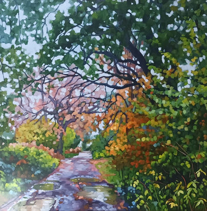 Very colourful Autumnal trees, walk in Hampshire, original painting