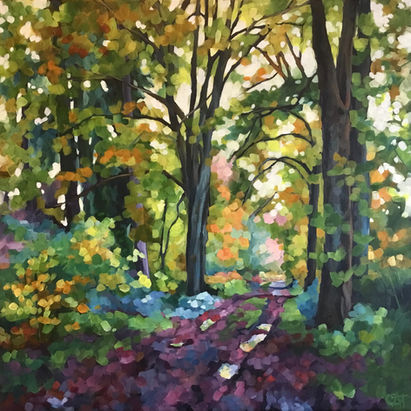 Sunny autumn day, colourful original art, acrylic painting. Ashampstead Woods