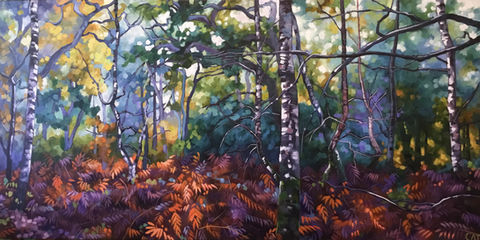 Magical woods, birch trees, purples and oranges, painting