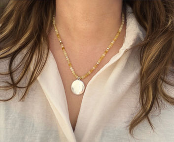 yellow opal beaded gemstone necklace with silver round full moon charm