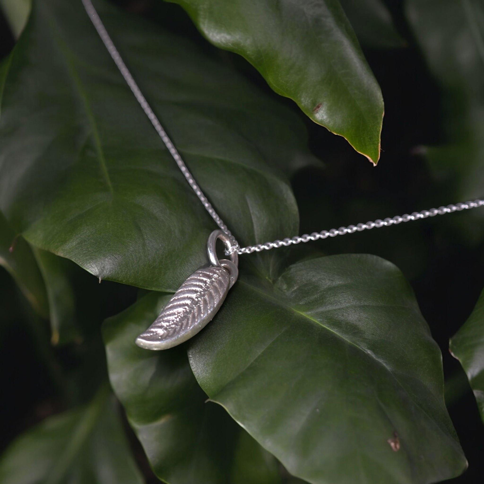 silver feather necklace draped on green leaves