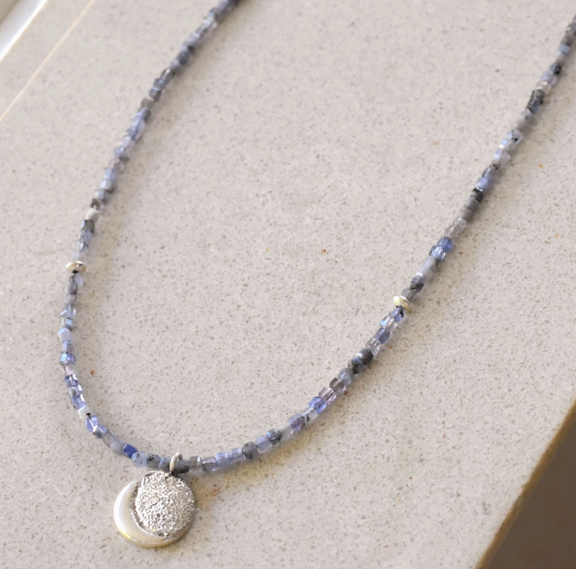 Tanzanite bead necklace, silver moon pendant