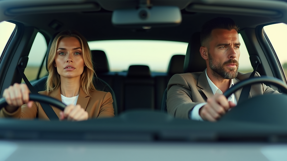 Eye-level view of a luxury driving instructor guiding a nervous student