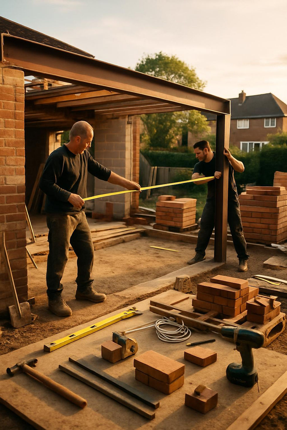 A wide-angle shot captures builders actively measuring and installing a steel beam, surrounded by neatly organized tools and materials, on a tidy construction site that showcases the structural progress of a house extension in a suburban UK neighborhood.