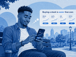 a young man buying a stock on a mobile phone at the park