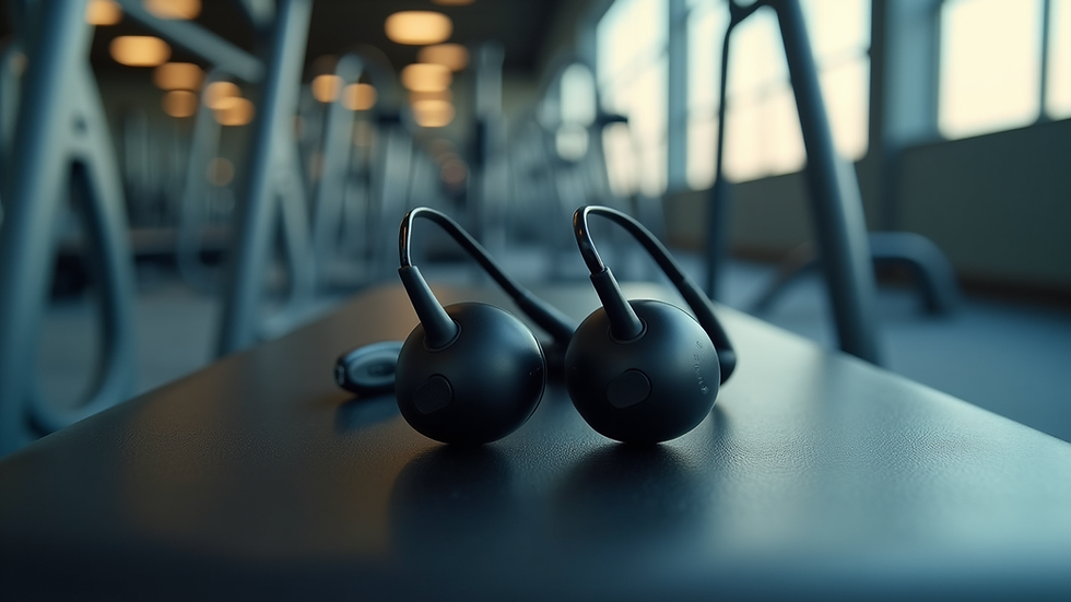 Eye-level view of wireless sports headphones with ear hooks on a gym bench
