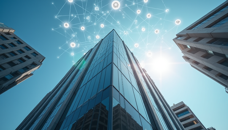 Eye-level view of a modern office building in Cyprus with digital AI icons floating around