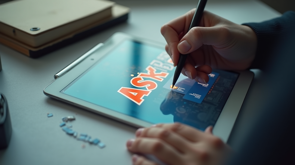 Close-up view of a digital tablet showing a logo design in progress