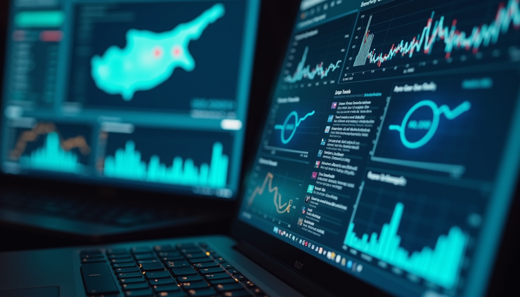 Close-up view of a computer screen showing AI data analytics with Cyprus map in the background