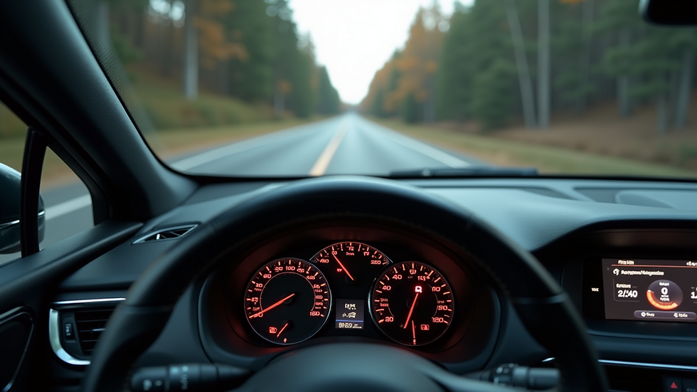 Wide angle view of a car dashboard showing speedometer and road ahead
