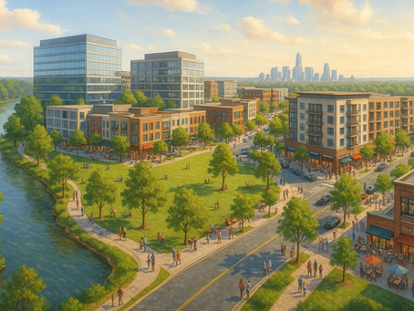 Photorealistic aerial illustration of the River District in Charlotte, NC, featuring mixed-use development with modern office buildings, retail shops, restaurants, apartments, green spaces, walking trails, and the Catawba River waterfront, with the Charlotte skyline on the horizon.
