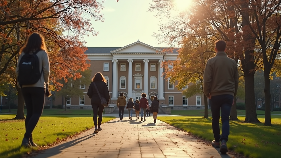 Eye-level view of a university campus with students walking