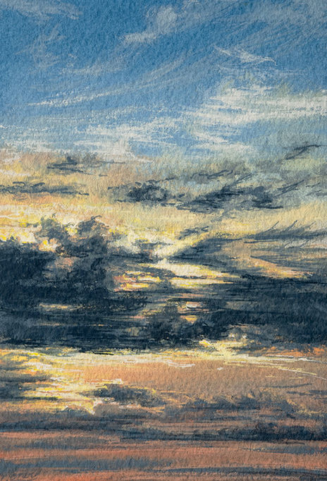 A painting of a sunset with dark clouds. The sky goes from blue to yellow to peach behind the clouds.