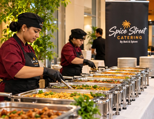 Branded Spice Street Catering staff at a buffet (illustrative image)
