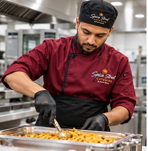 Spice Street Catering chef in branded kitchen uniform (illustrative image)
