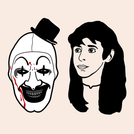 illustration of Art the Clown from the Terrifer films beside Angela Baker played by Felissa Rose from Sleepaway Camp