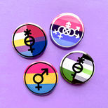 Four buttons with pride flags and customized gender and sexuality symbols