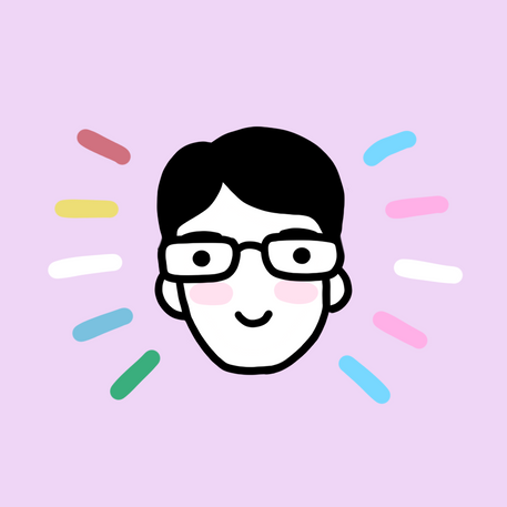 simple cartoon portrait of Christopher Ikonomou's face. He has dark short hair, thin rectangle glases and a small smile. It is black and white besides rosy cheeks. trans and disability pride flag stripes sprout from behind them on a lavender background.