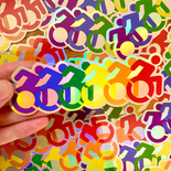Holographic sticker with six wheelchair symbols colored with each stripe of the rainbow flag