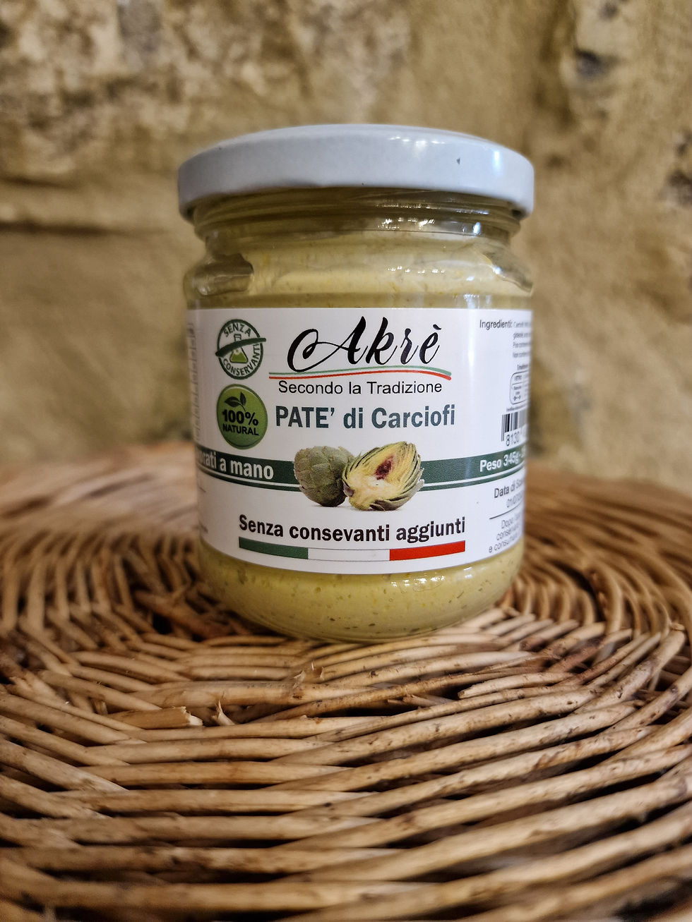 vasetto di patè di carciofi 190g su sfondo in pietra