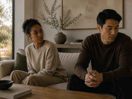 A couple sits together after a conversation has quietly shifted, illustrating the subtle moment emotional protection begins to replace connection in a relationship.