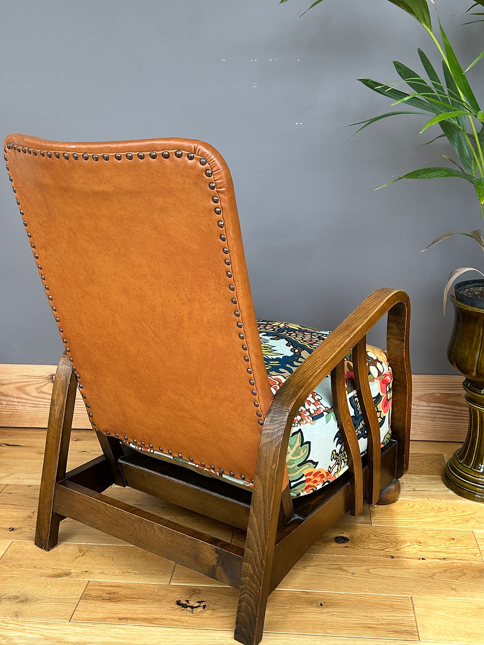Thumbnail: 1930s Art Deco Bentwood Armchair with Tan Leather & Schumacher Chiang Mai Dragon