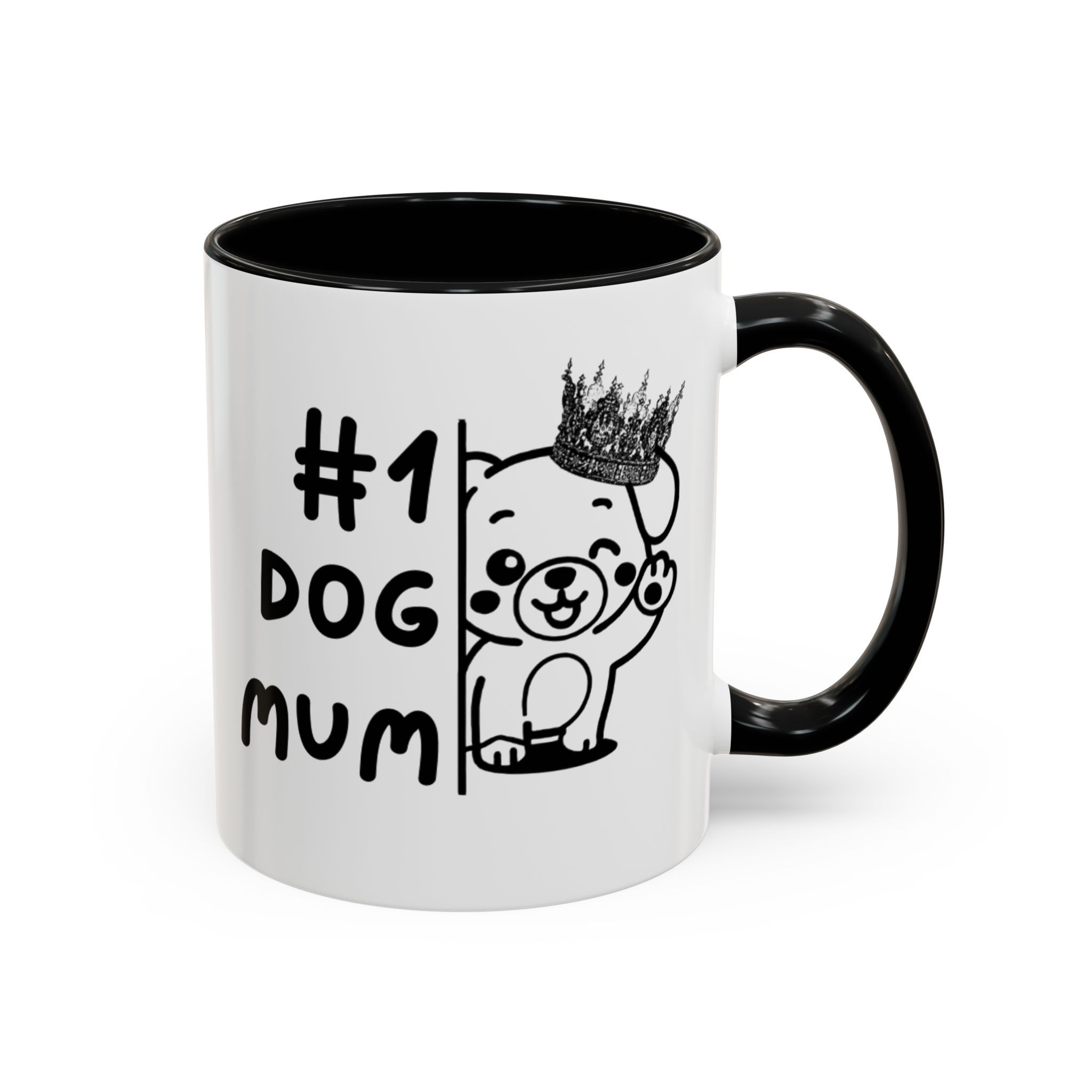 #1 Dog Mum Mug | Accent Coffee Mug, Black Interior/Handle, Cute Puppy Design