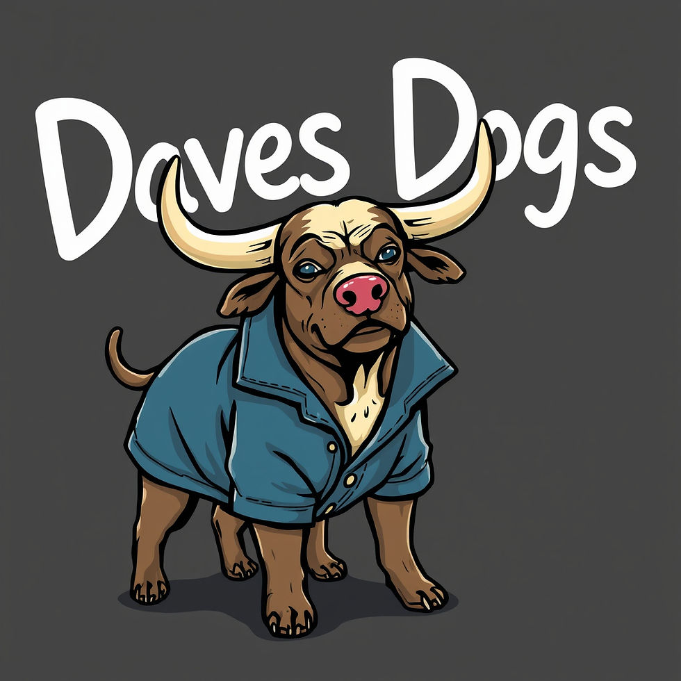 The name Daves Dogs in bubble writing with a bull do wearing a coat