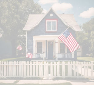 Work-sponsored green cards. Cute house with american flags, living the American dream