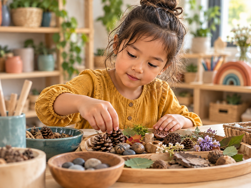 Preschool girl sorting nature materials.