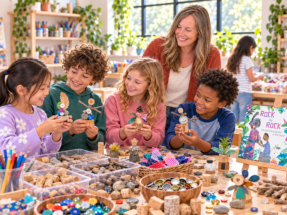 Miss Patti smiling next to children holding up mixed media sculptures, next to a table full of loose parts and creative art materials.