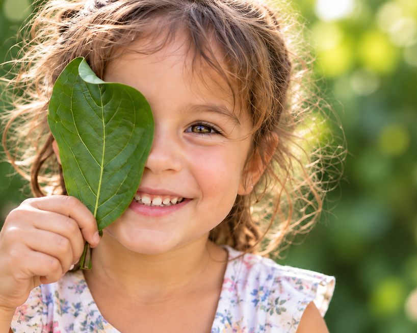 Preschool girl smiling outide holding a leaf in front of one eye.