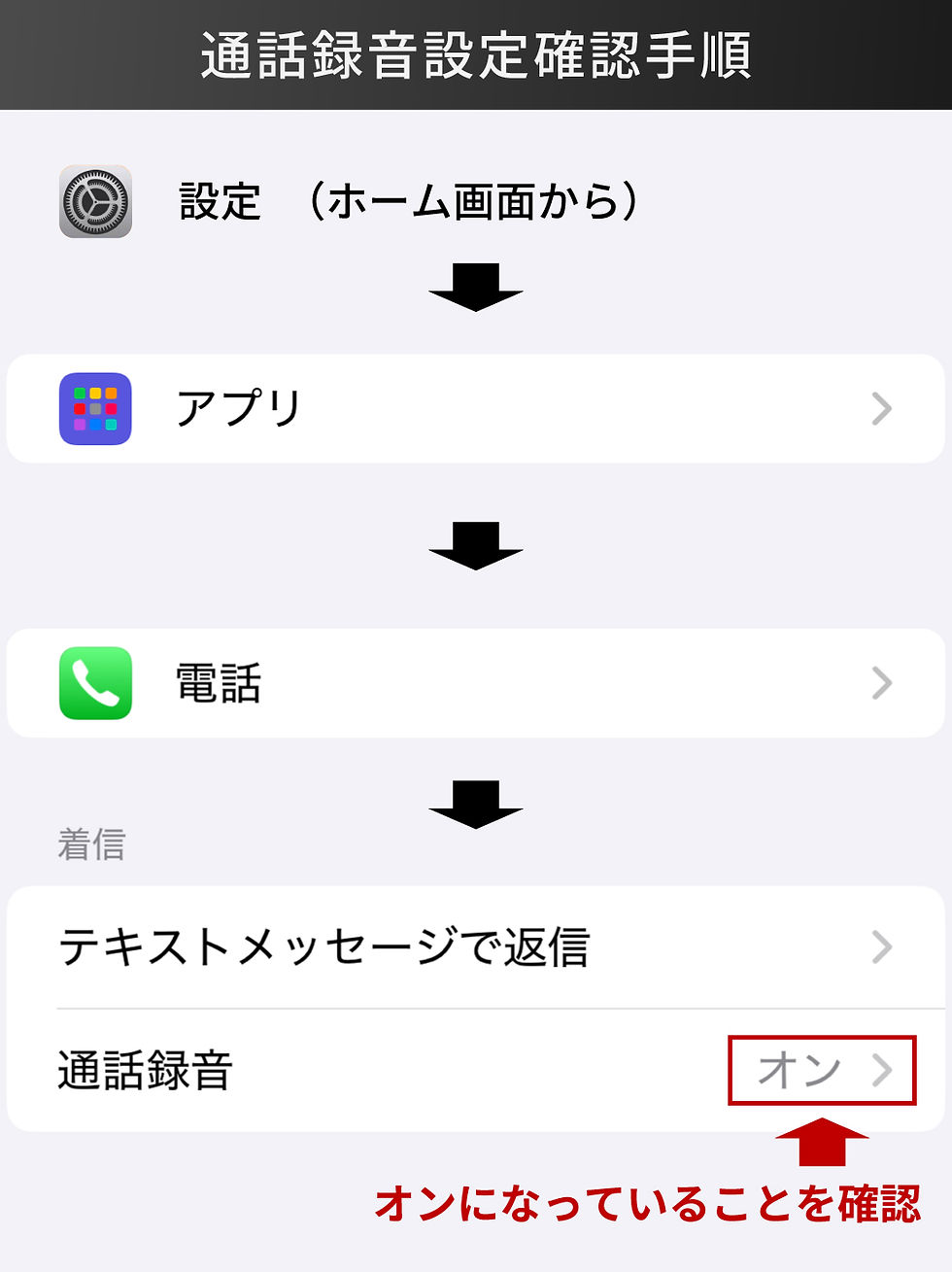 ホーム>設定>アプリ>電話>着信の通話録音がオンになっていることを確認