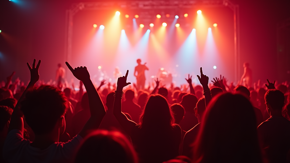 Eye-level view of a vibrant concert crowd enjoying live music