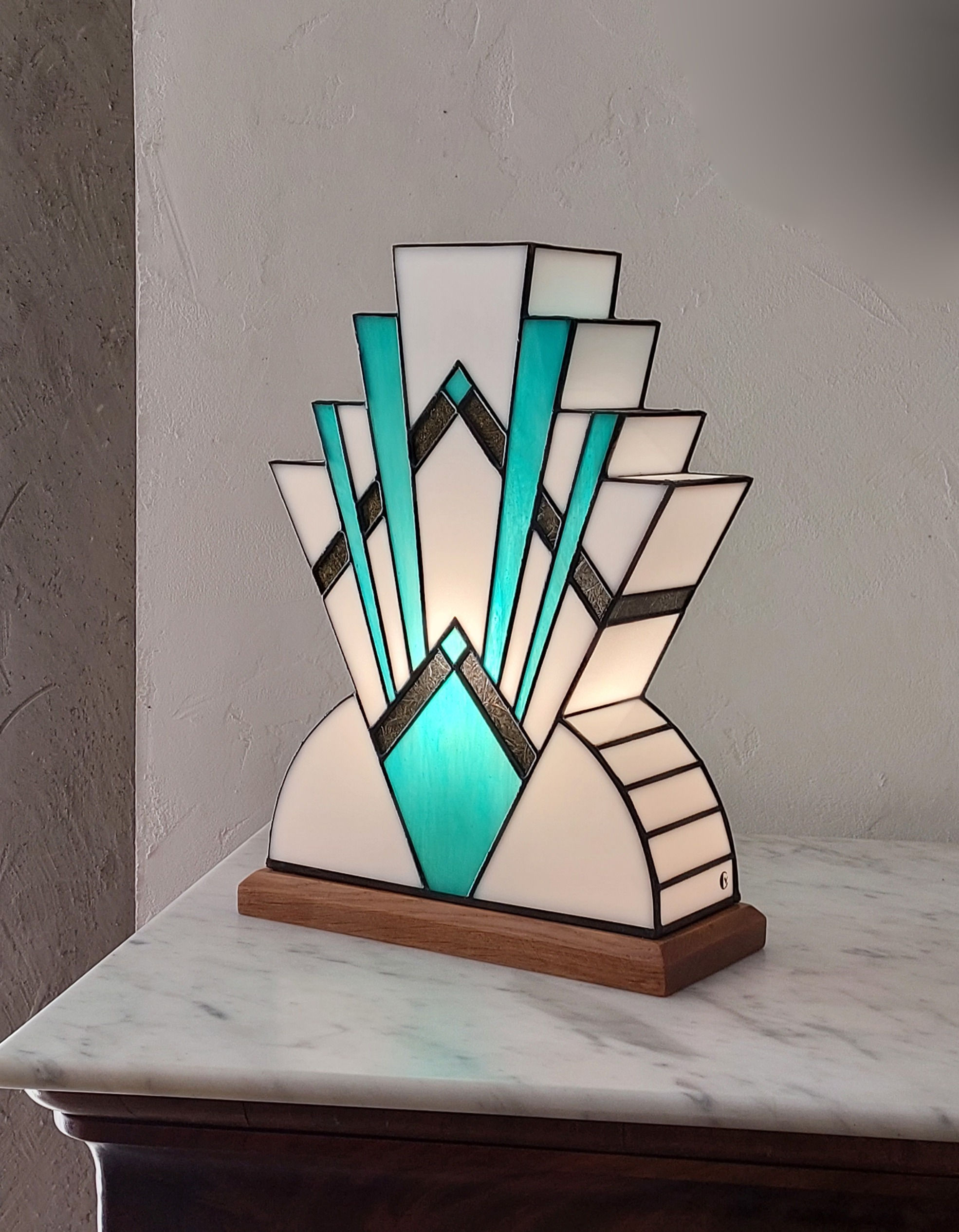 Lampe Art Déco Vitrail Tiffany "1922" BlueGreen L (35 cm)