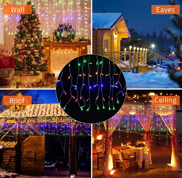 Coloful LEDs Fairy Lights Solar Power Curtain Lights 256 LEDs