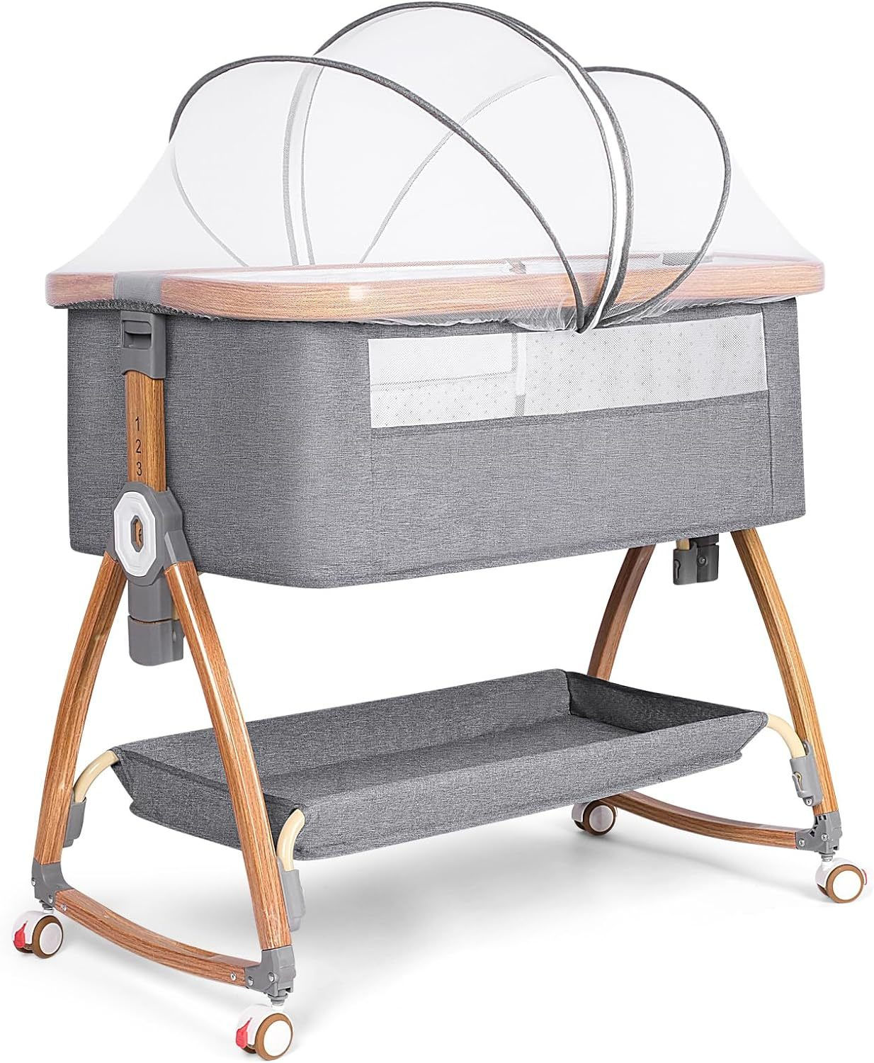 Rocking Baby Bassinet with Wheels – Adjustable Height, Mattress & Mosquito Net