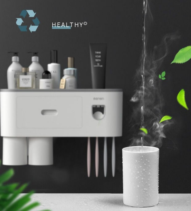 Thumbnail: Magnetic Toothbrush Holder with 3 Cups & 1 Automatic Toothpaste Dispenser