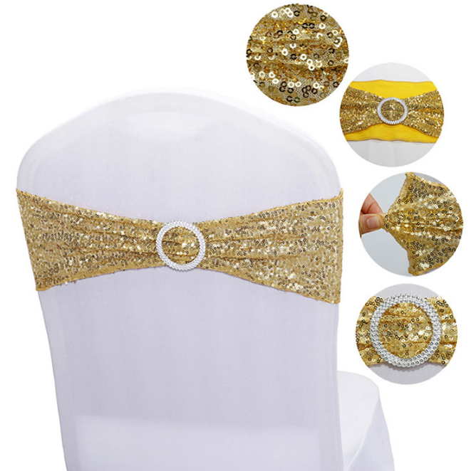 Chair Sashes Elastic Stretch One-Sided Sequin Spandex Chair Bows Bands