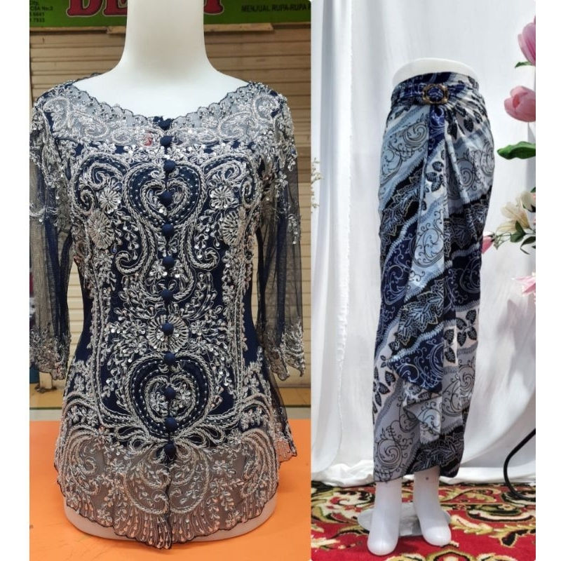 Thumbnail: Set Sequin Kebaya Sulam Manik Sabrina 3/4 Sleeves with Pario Wrap Batik Skirt